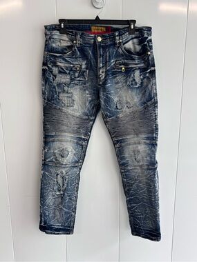 Makobi Blue Acid Wash Distressed 38x32 Skinny Slim Fit Denim Jeans Mens
